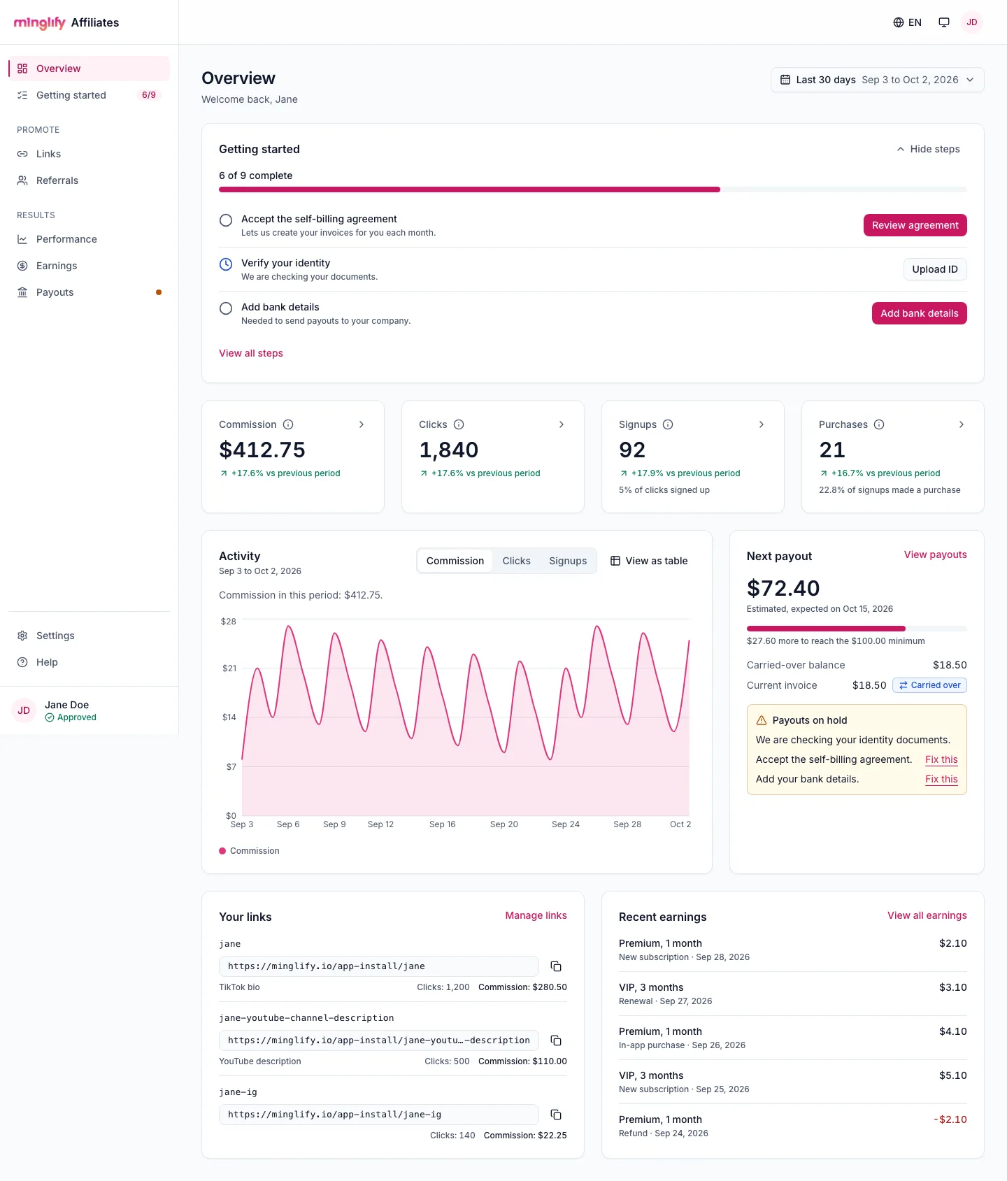 Affiliate dashboard overview with performance statistics, activity chart, payout estimate and links
